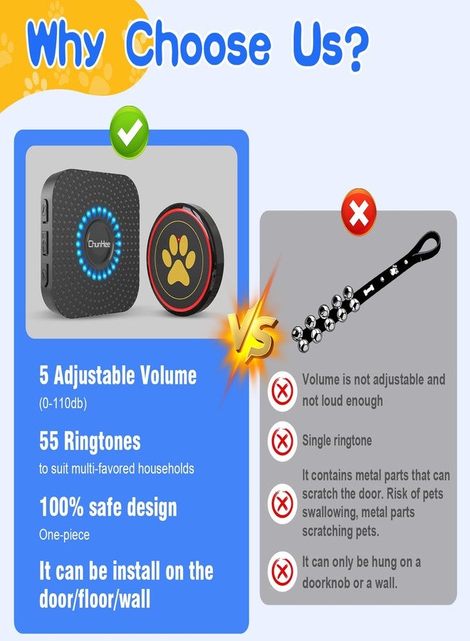 ChunHee Dog Door Bell for Potty Training – Wireless Doggie Doorbell to Go Outside, 1.6in Touch Surface, Easy for Puppy & Adult Dogs, IP55 Waterproof, 500FT Range, 55 Ringtones, Adjustable Volume - Image 5
